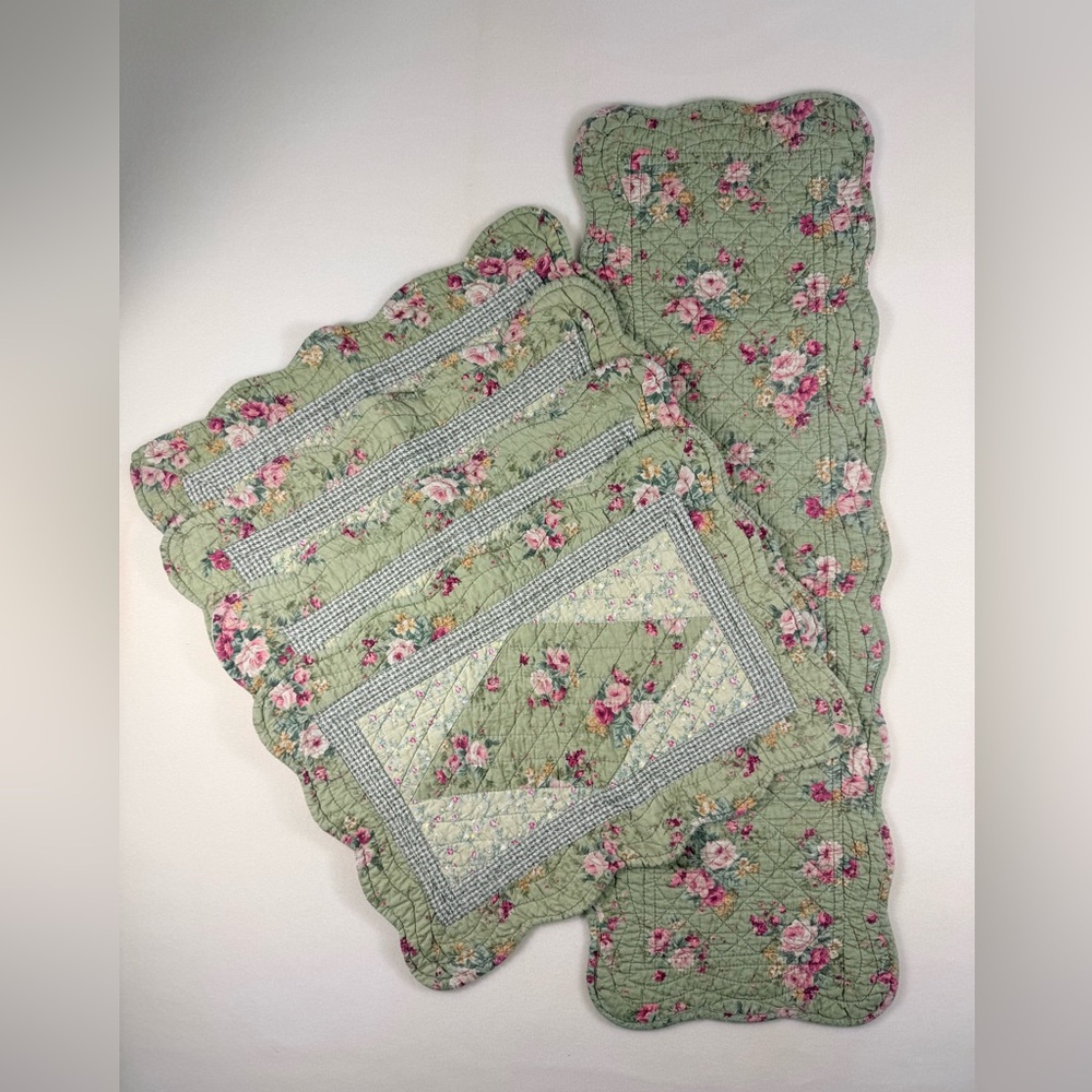 Floral Quilted Reversable Table Runner and Placemat Set in Sage Green